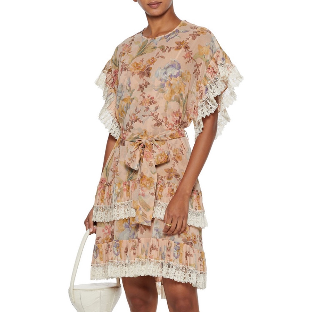 Zimmermann Espionage Pleat Frill lace-trimmed floral-print crepe dress